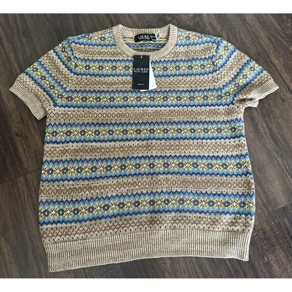 Lauren Ralph Lauren Women's Petite Fair Isle Short Sleeve Sweater Top Tan P/M - Picture 5 of 10